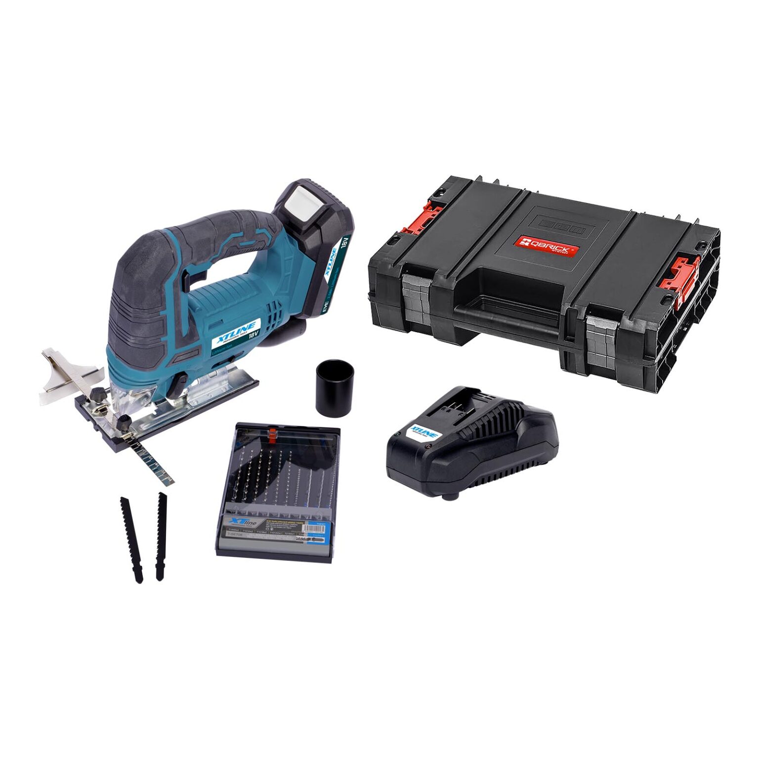XTLINE Akku-Stichsäge 18 V + 2,0 Ah Batterie + 3,5 A Ladegerät + Sägeblätter + Koffer. 1 XTLINE Akku-Stichsäge 18 V + 2,0 Ah Batterie + 3,5 A Ladegerät + Sägeblätter + Koffer.
