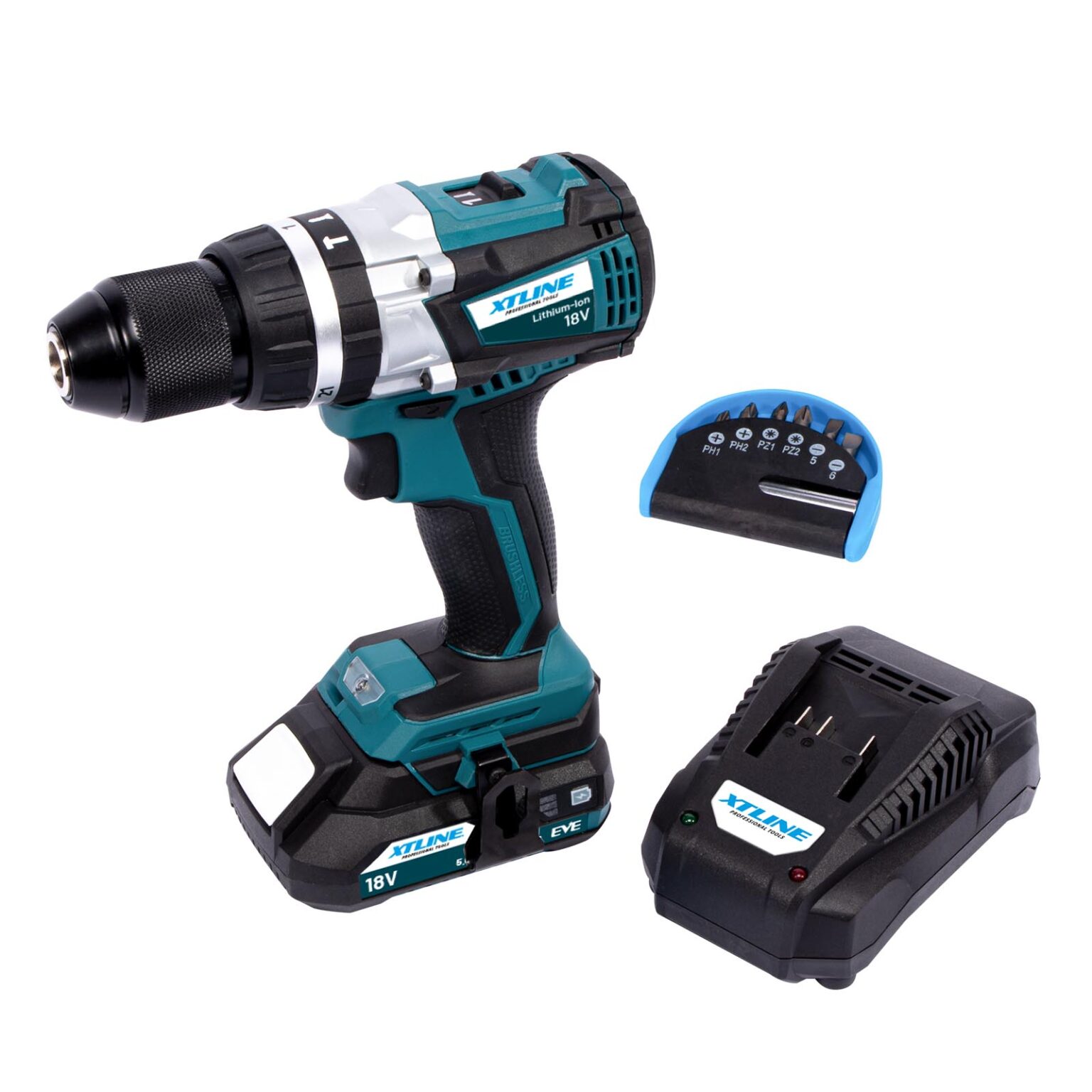 XTLINE Akku-Schlagbohrmaschine mit 18 V, bürstenlos, inklusive 2,0 Ah Batterie und 2,4 A Ladegerät. 2 XTLINE Akku-Schlagbohrmaschine mit 18 V, bürstenlos, inklusive 2,0 Ah Batterie und 2,4 A Ladegerät. – Bild 2