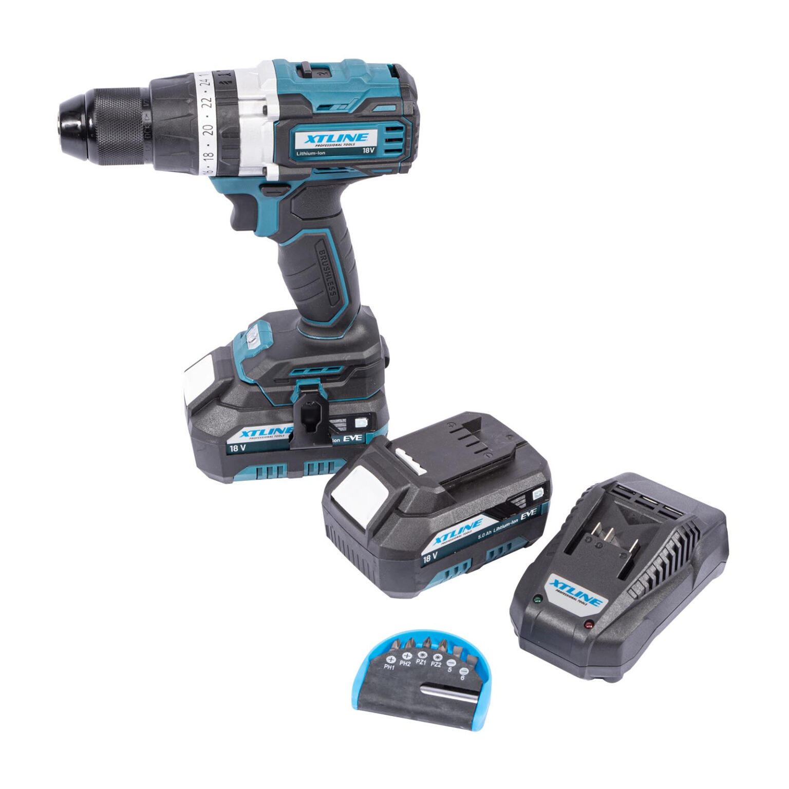 XTLINE Akku-Schlagbohrmaschine, bürstenlos, 18 V, 70 Nm, mit 2 Batterien 5.0 Ah, 3.5 A Ladegerät und Koffer 2 XTLINE Akku-Schlagbohrmaschine, bürstenlos, 18 V, 70 Nm, mit 2 Batterien 5.0 Ah, 3.5 A Ladegerät und Koffer – Bild 2