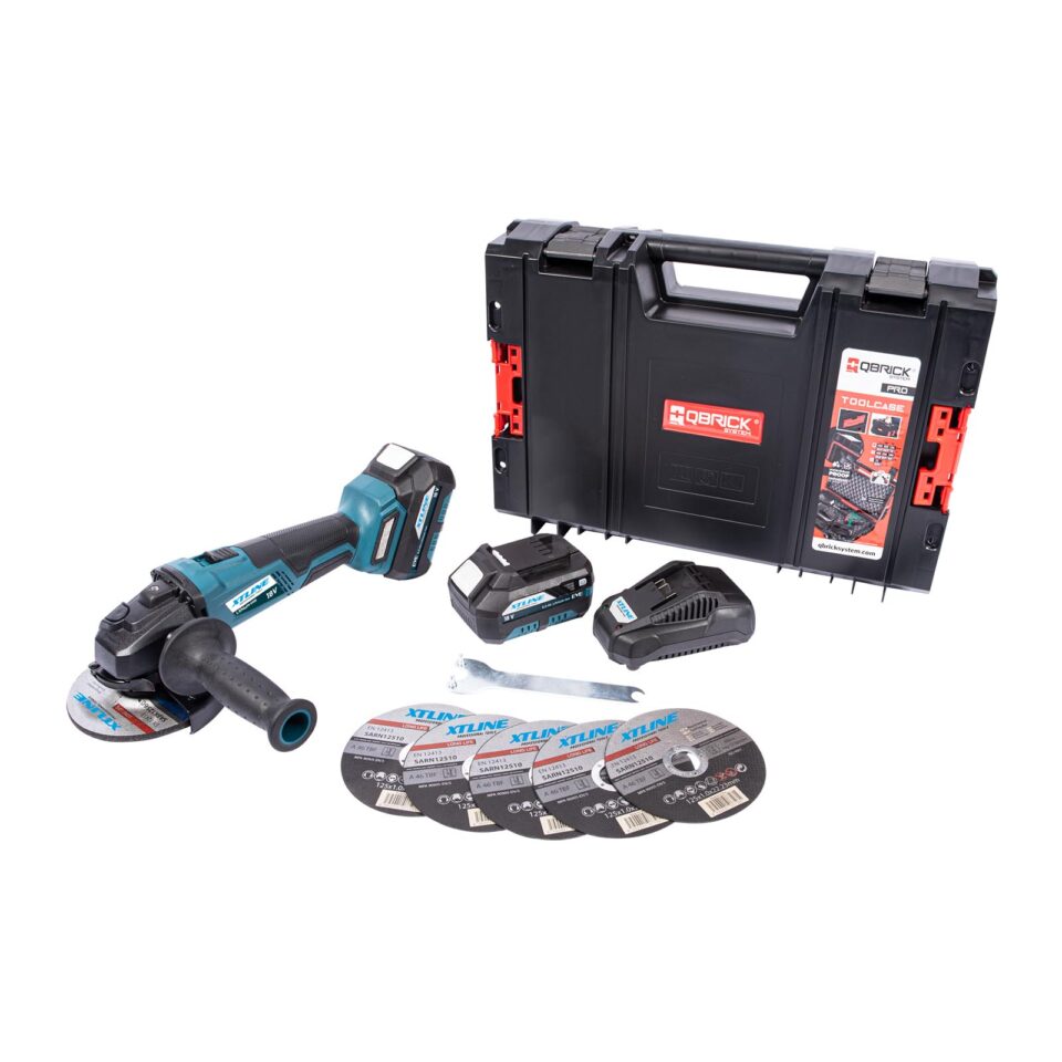 XTLINE Akku-Winkelschleifer, bürstenlos, 18 V, 125 mm, mit 2 Batterien 5.0 Ah, 3.5 A Ladegerät und Koffer