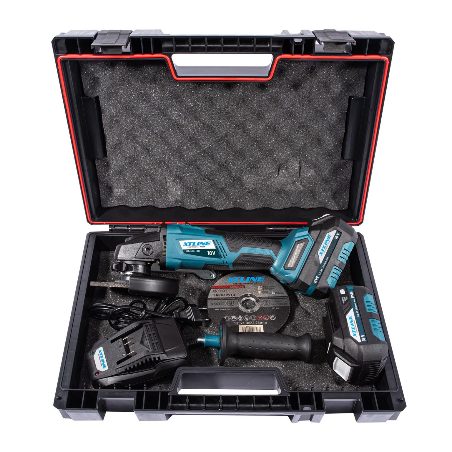 XTLINE Akku-Winkelschleifer, bürstenlos, 18 V, 125 mm, mit 2 Batterien 5.0 Ah, 3.5 A Ladegerät und Koffer 3 XTLINE Akku-Winkelschleifer, bürstenlos, 18 V, 125 mm, mit 2 Batterien 5.0 Ah, 3.5 A Ladegerät und Koffer – Bild 3