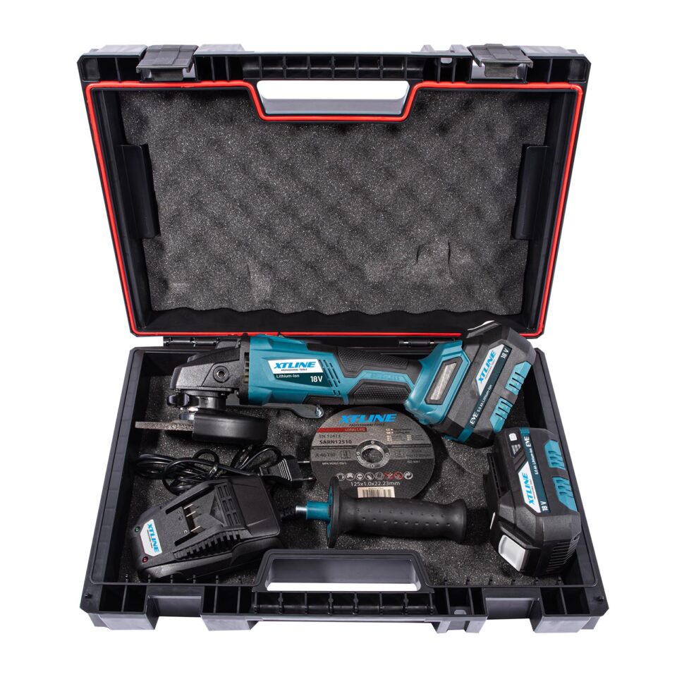 XTLINE Akku-Winkelschleifer, bürstenlos, 18 V, 125 mm, mit 2 Batterien 5.0 Ah, 3.5 A Ladegerät und Koffer – Bild 3