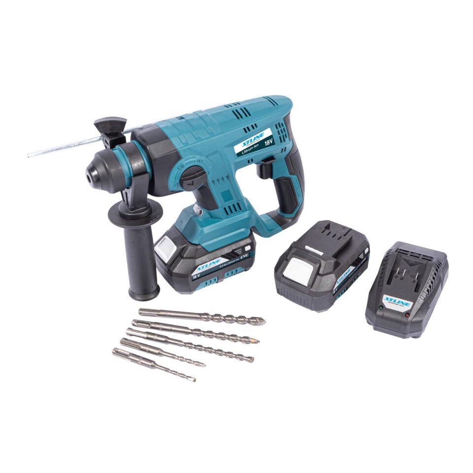 XTLINE Akku-Bohrhammer SDS Plus mit 2 Batterien 5.0 Ah, Bohrerset, 3.5 A Ladegerät und Koffer – Bild 2