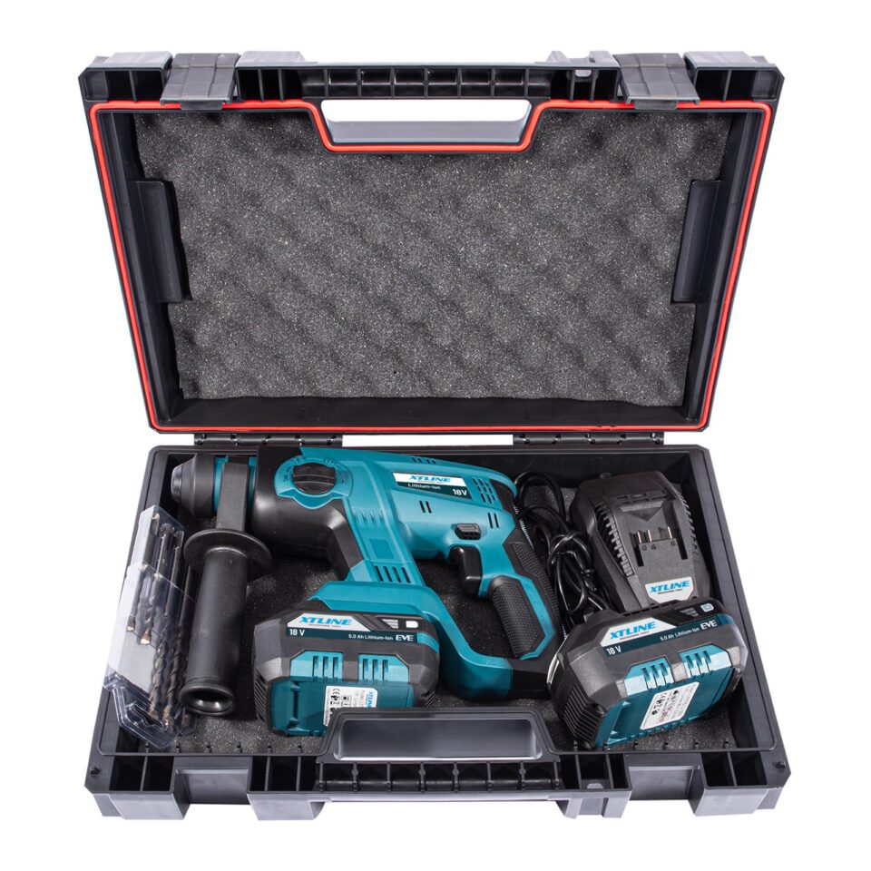 XTLINE Akku-Bohrhammer SDS Plus mit 2 Batterien 5.0 Ah, Bohrerset, 3.5 A Ladegerät und Koffer – Bild 3