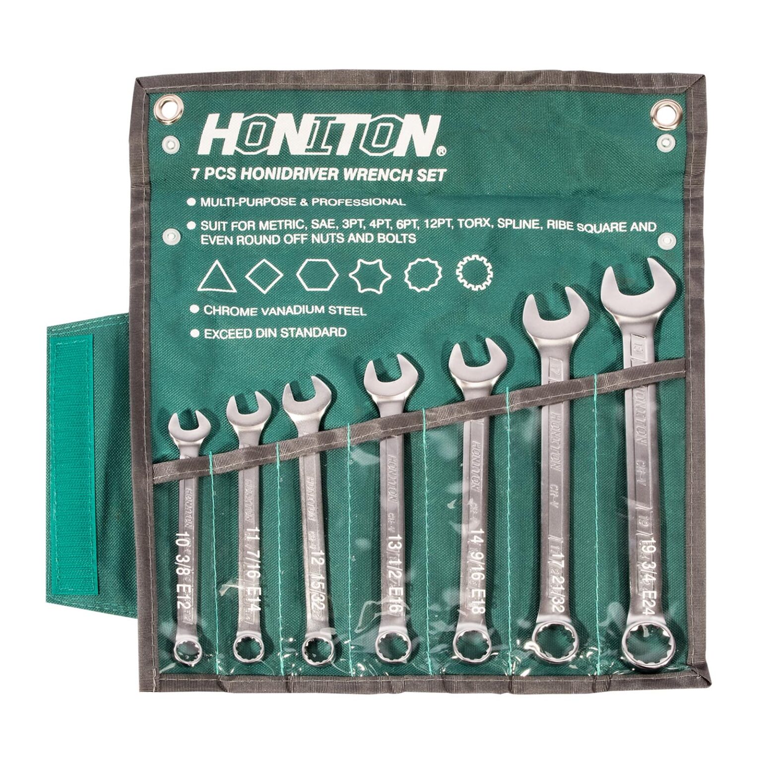 HONITON Maul-Ringschlüssel-Satz abgewinkelt HONIDRIVER 7-teilig | 10-19 mm, im Textiletui 1 HONITON Maul-Ringschlüssel-Satz abgewinkelt HONIDRIVER 7-teilig | 10-19 mm, im Textiletui