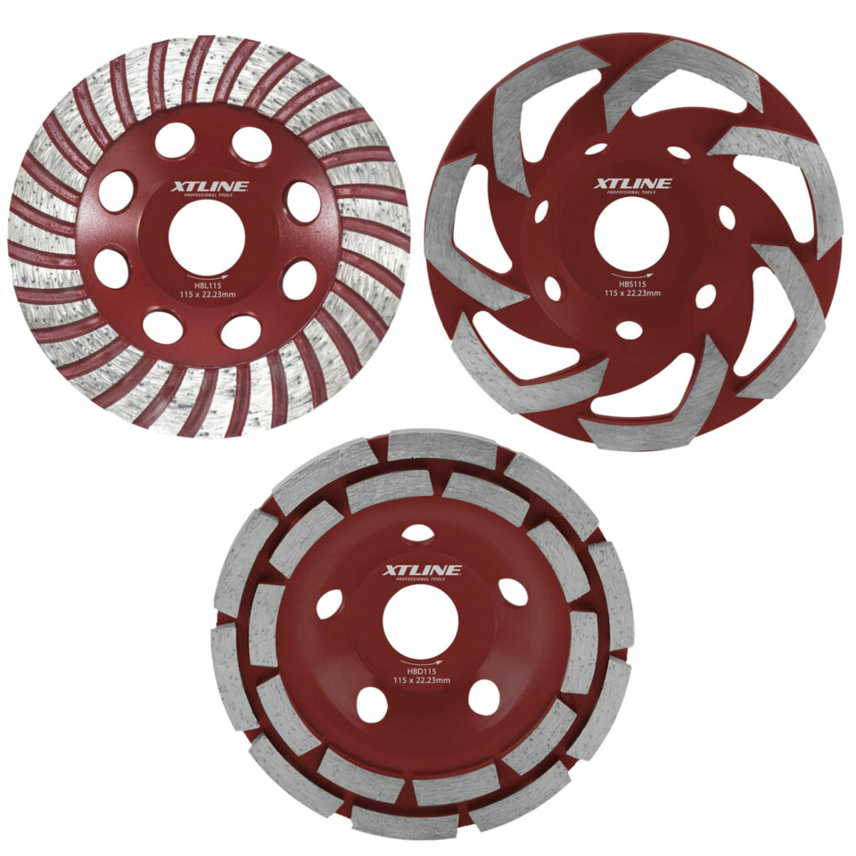 XTLINE 3 Diamantschleiftöpfe 115 mm im Set - unterschiedliche Materialabtragung und Rauheit